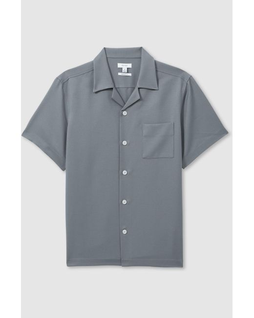 Reiss Gray Tokyo - Slate Grey Cuban Collar Button-through Shirt for men