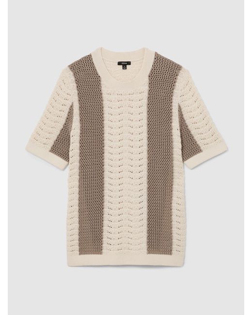 Reiss Brown Camel & Off Cotton Crochet-Knit Striped T-Shirt for men