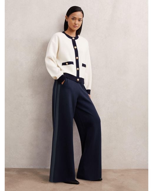 Reiss Blue Knitted Side-Stripe Wide-Leg Trousers