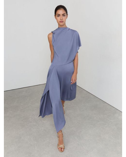 Reiss Blue Naomi - Lilac Purple Petite Satin One-shoulder Draped Midi Dress, Us 14