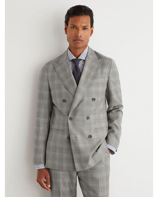Reiss Gray Wool Check Double-Breasted Suit Blazer Classic-Fit for men