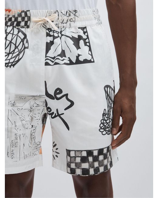 Les Deux White Ivory Print Cotton Printed Shorts for men