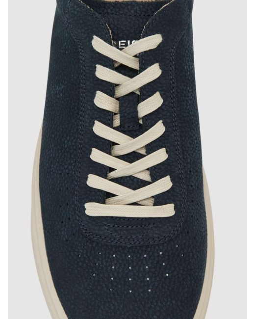 Reiss Blue Nubuck Leather Perforated-Detail Trainers for men