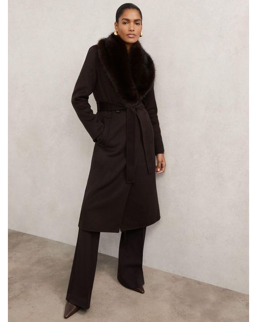 Reiss Black Faux-Fur Collar Blindseam Coat Wool-Blend