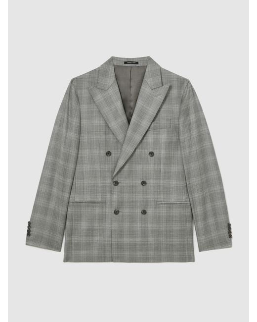 Reiss Gray Wool Check Double-Breasted Suit Blazer Classic-Fit for men