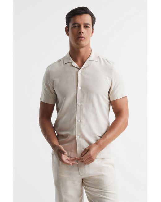 Reiss Gray Max - Stone Linen Blend Cuban Collar Shirt, M for men