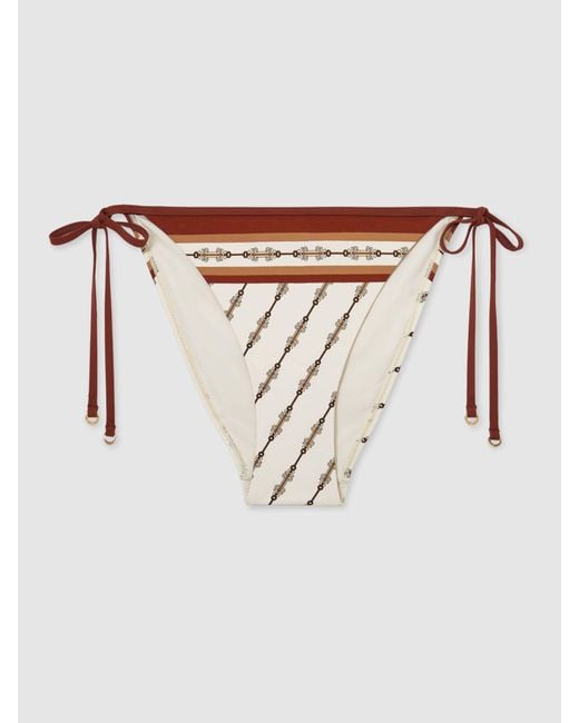 Reiss Brown Tina - Ivory Chain-print Side-tie Bikini Bottoms, Us 8