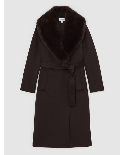 Reiss Black Faux-Fur Collar Blindseam Coat Wool-Blend