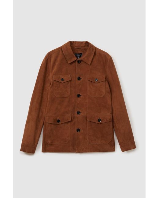 Reiss Clock - Tobacco Brown Suede Front Pocket Jacket, Xs for men