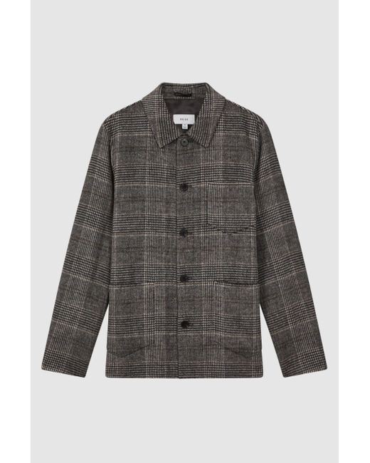 Reiss Black Covert - Charcoal Wool Blend Check Overshirt for men