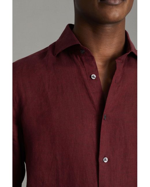Reiss Red Ruban - Pecan Brown Linen Button-through Shirt for men