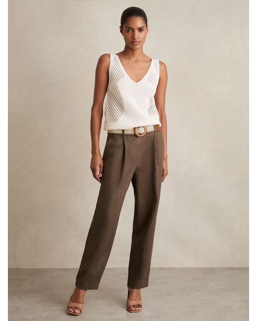 Reiss Natural Linen Belted Tapered Trousers