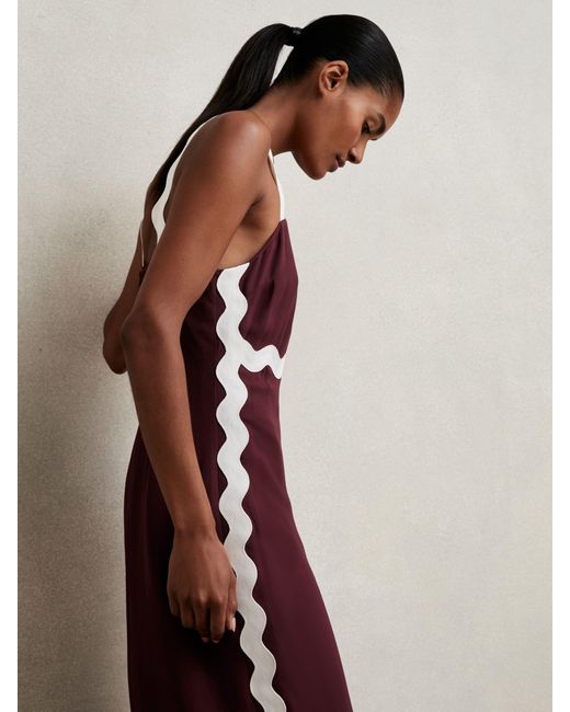 Reiss Natural Burgundy & Wave-Trim Crepe Midi Dress