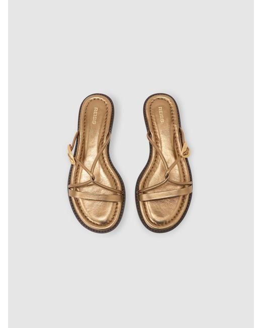 Reiss White Raina - Dark Gold Leather Twist-strap Flat Sandals, Us 7 (uk 5)