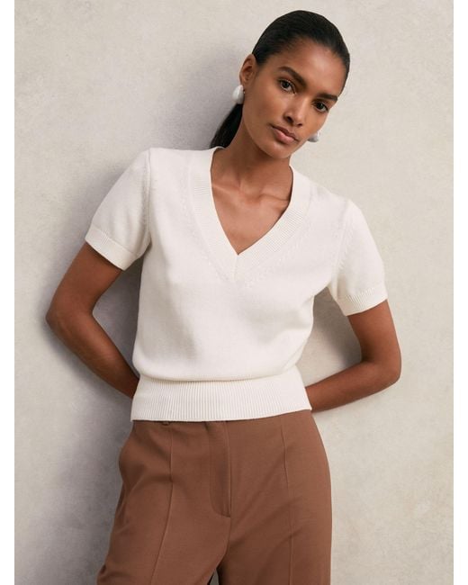 Reiss Natural Cotton-Wool Knit V-Neck Top