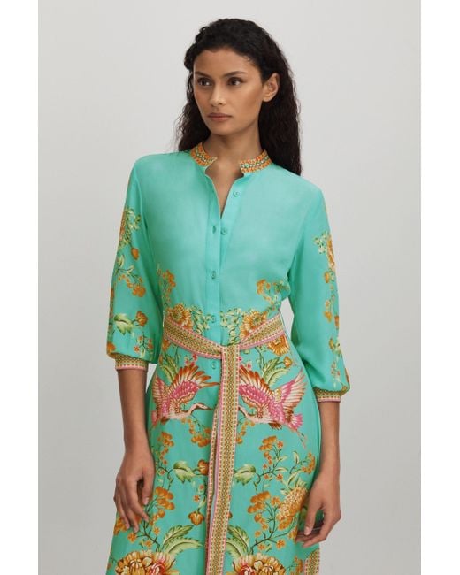 Raishma Green Silk Printed Belted Midi Dress