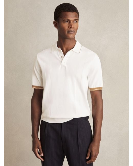 Reiss White Camel Tipped Knit Polo Shirt for men