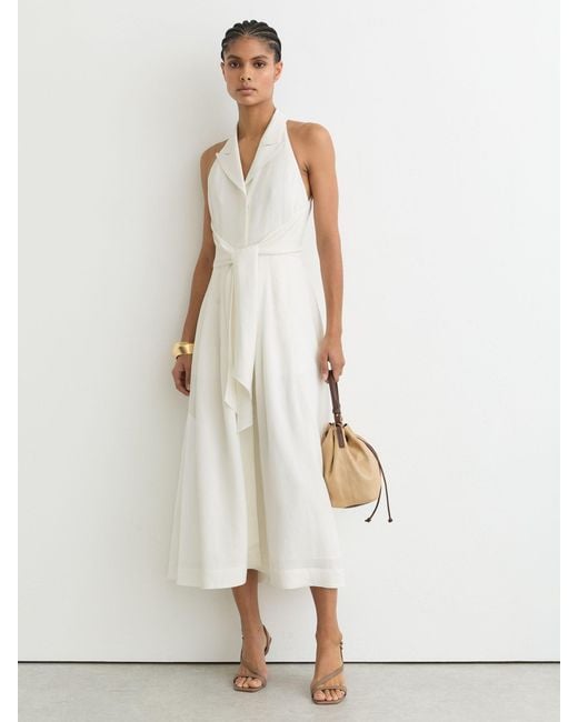 Reiss White Sleeveless Tie-Front Midi Dress With Linen