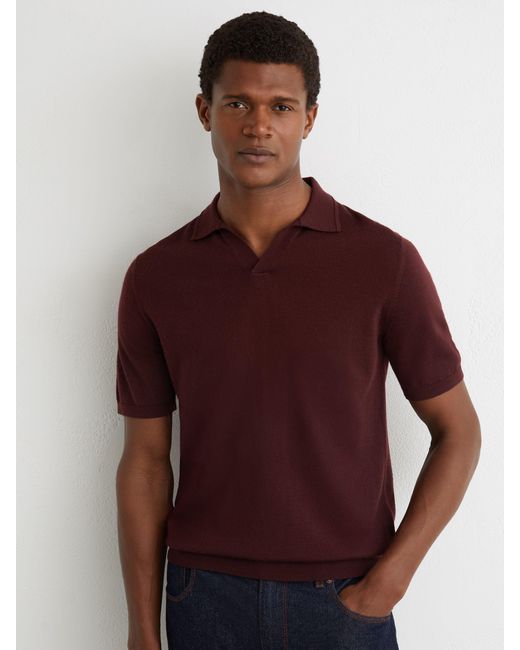 Reiss Red Merino Wool Open-Collar Polo Shirt for men