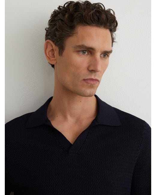 Reiss Black Redbury - Navy Open-collar Textured-knit Polo Shirt, S for men
