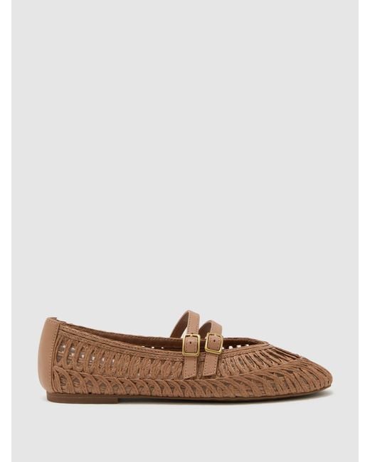 Reiss Brown Elizabeth - Neutral Woven Ballerina-strap Flats, Us 8 (uk 6)