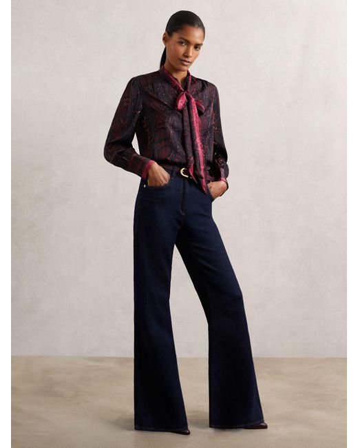 Reiss Blue Snake-Print Tie-Neck Blouse