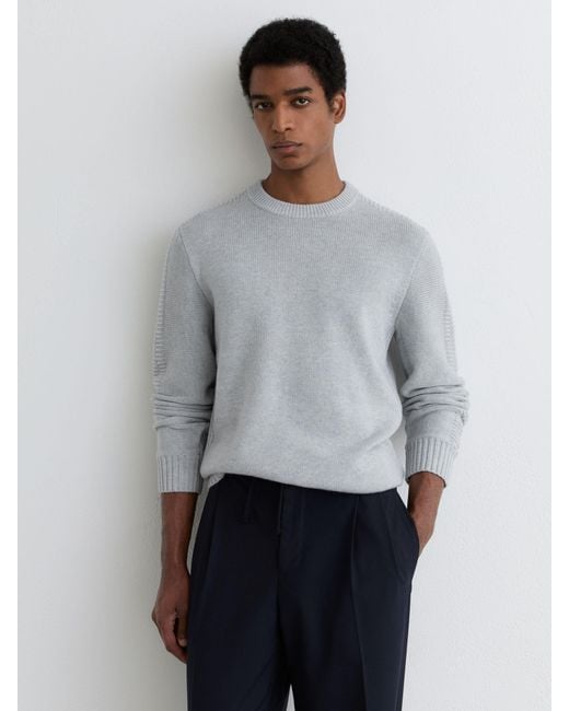 Reiss Gray Wool-Blend Rib-Detail Crew-Neck Jumper for men