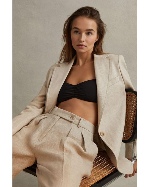 Reiss Brown Cassie - Natural Petite Linen Single Breasted Suit Blazer