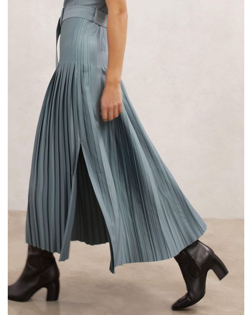Reiss Blue Roll-Neck Belted Pleated Midi Dress
