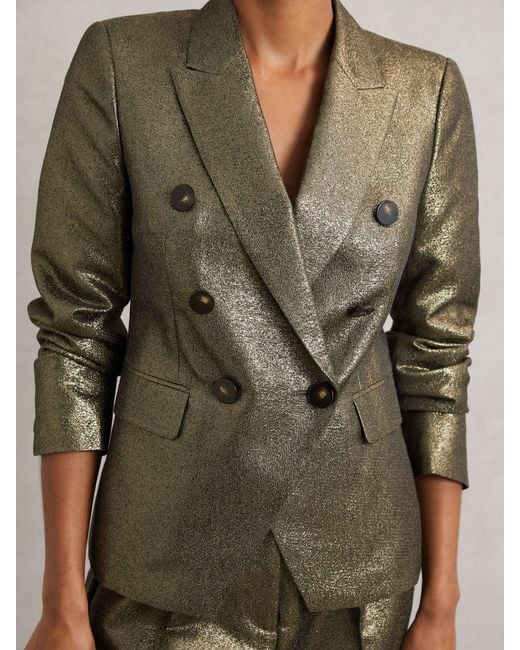 Reiss Green Sienna Double-Breasted Metallic Suit Blazer With Cotton