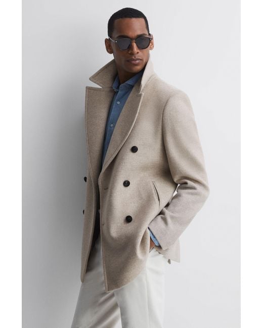 Reiss Gray Garda - Stone Melange Double Breasted Wool Coat for men