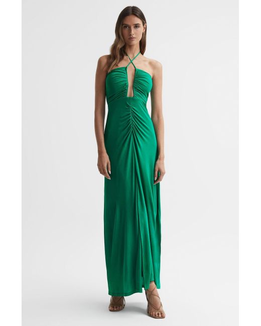 Reiss Green Arianna Plunge Halter-neck Woven Midi Dress