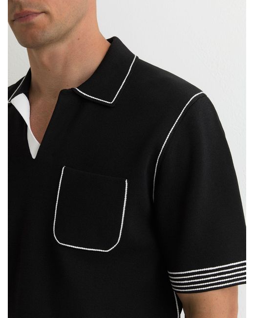 Reiss Black Newbury Contrast-Stitch Knitted Polo Shirt for men