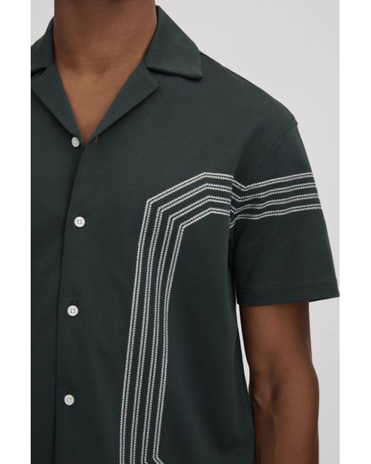 Reiss Green Arlington - Emerald Mercerised Cotton Embroidered Cuban Collar Shirt for men