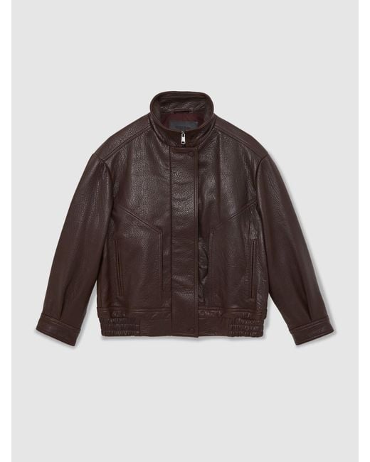 Reiss Brown Oversize Grained-Leather Bomber Jacket