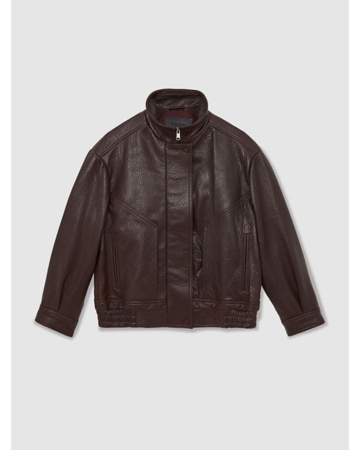 Reiss Brown Oversize Grained-Leather Bomber Jacket