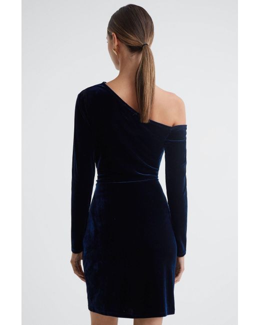 Reiss Blue Camilla - Navy Velvet Off-the-shoulder Mini Dress