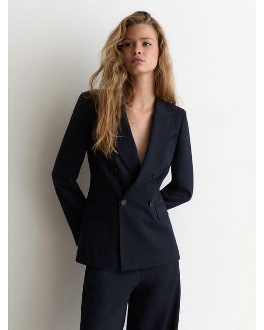 Reiss Blue Petite Wool-Blend Double-Breasted Suit Blazer