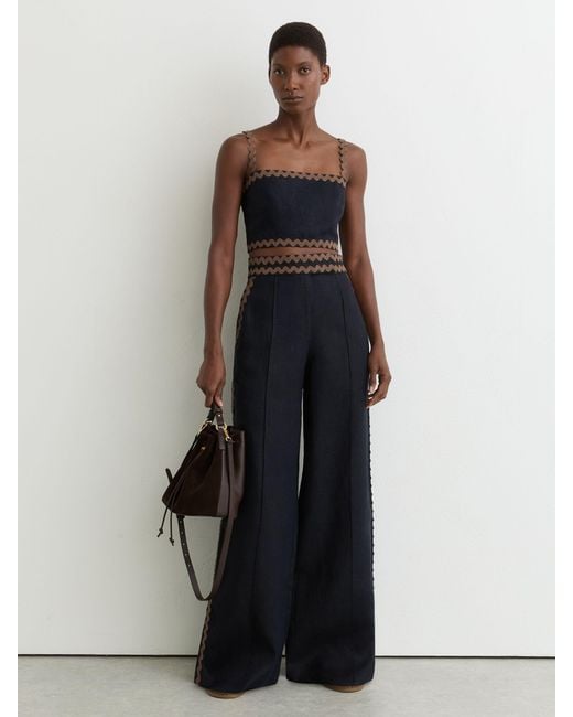 Reiss Black Linen Wave-Trim Wide-Leg Trousers