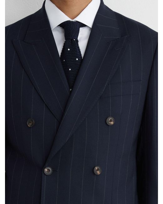Reiss Blue Virgin Wool Pinstripe Double-Breasted Suit Blazer Tailored-Fit for men