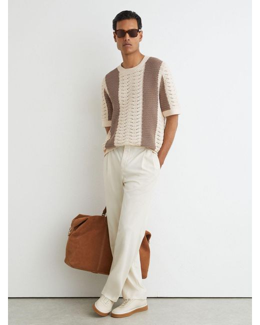 Reiss Brown Camel & Off Cotton Crochet-Knit Striped T-Shirt for men