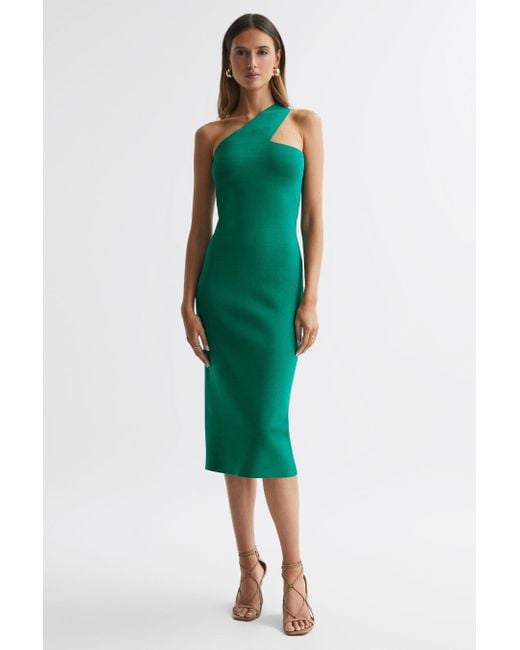 Reiss Lola - Green Knitted One Shoulder Bodycon Midi Dress, S