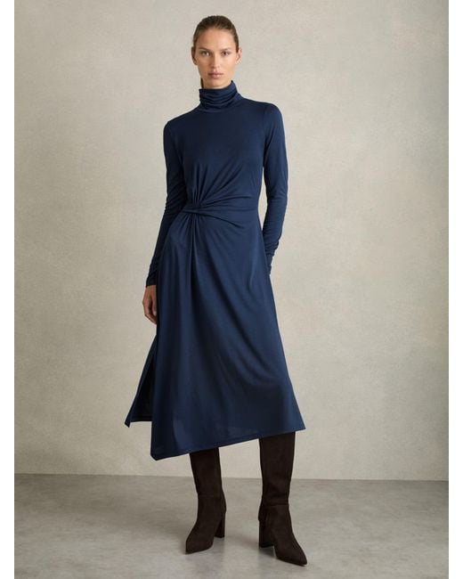 Reiss Blue Draped Jersey Midi Dress