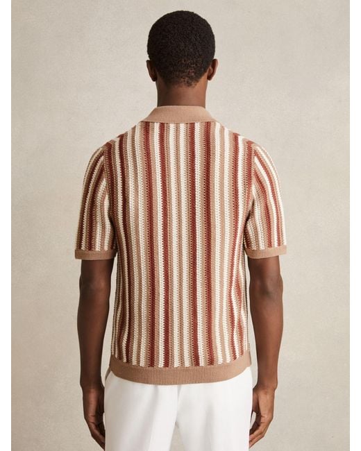 Reiss Brown Carrington - Camel Multi Cotton Crochet Stripe Cuban Shirt, L for men