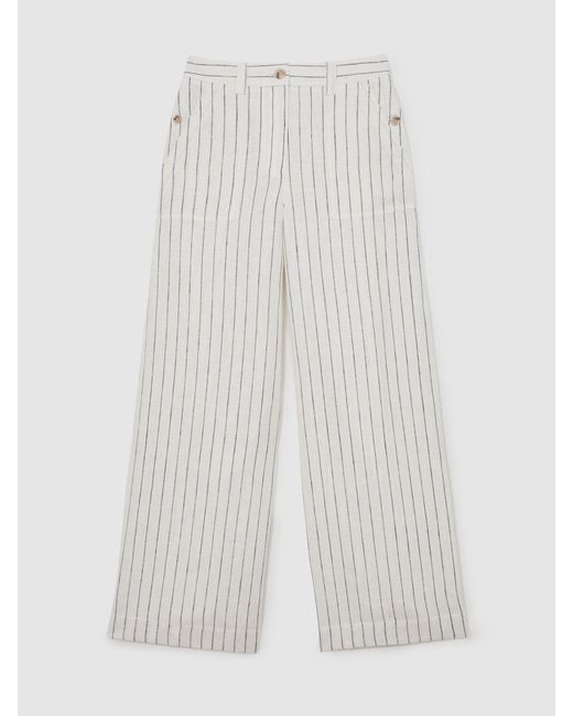 Reiss White Linen Pinstripe Wide-Leg Trousers