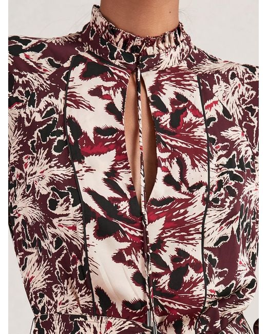 Reiss Natural Burgundy & Cream Tie-Waist Flippy Mini Dress