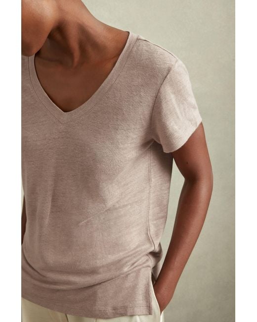 Reiss Natural Lottie - Mink Marled Linen V-neck T-shirt