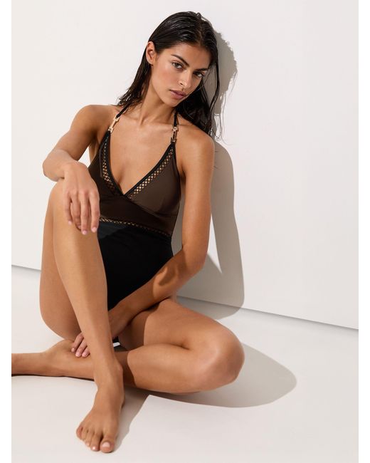 Reiss Black Chocolate & Colour-Block Lattice-Trim Swimsuit