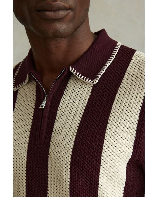 Reiss Brown Paros - White/bordeaux Knitted Half-zip Polo Shirt, L for men
