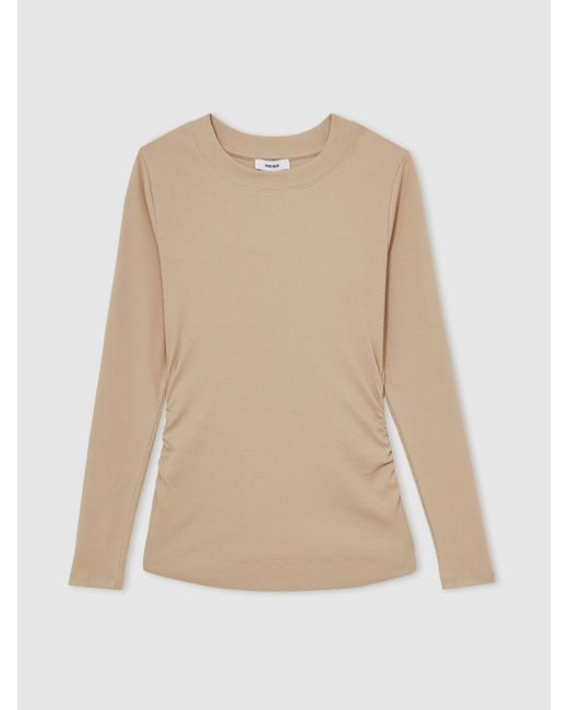 Reiss Natural Tessa Cotton Long-Sleeve Ruched T-Shirt With Stretch